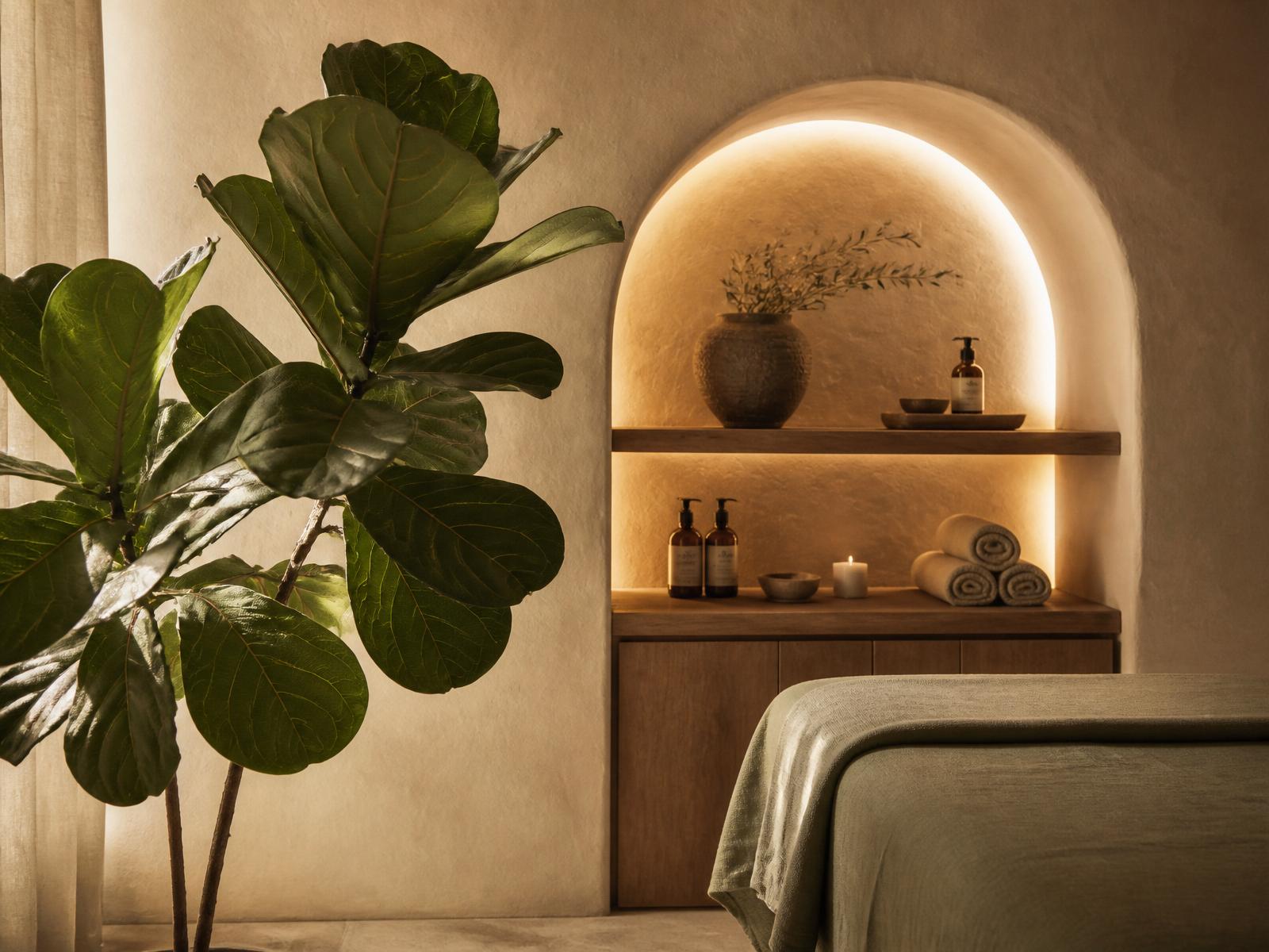 Warm, calm treatment space with an arched alcove glowing with amber light beside a fiddle-leaf fig plant